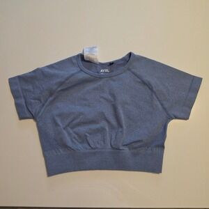 AYBL Seamless Short Sleeve Crop Top Heathered Blue Activewear Gym Shirt Small
